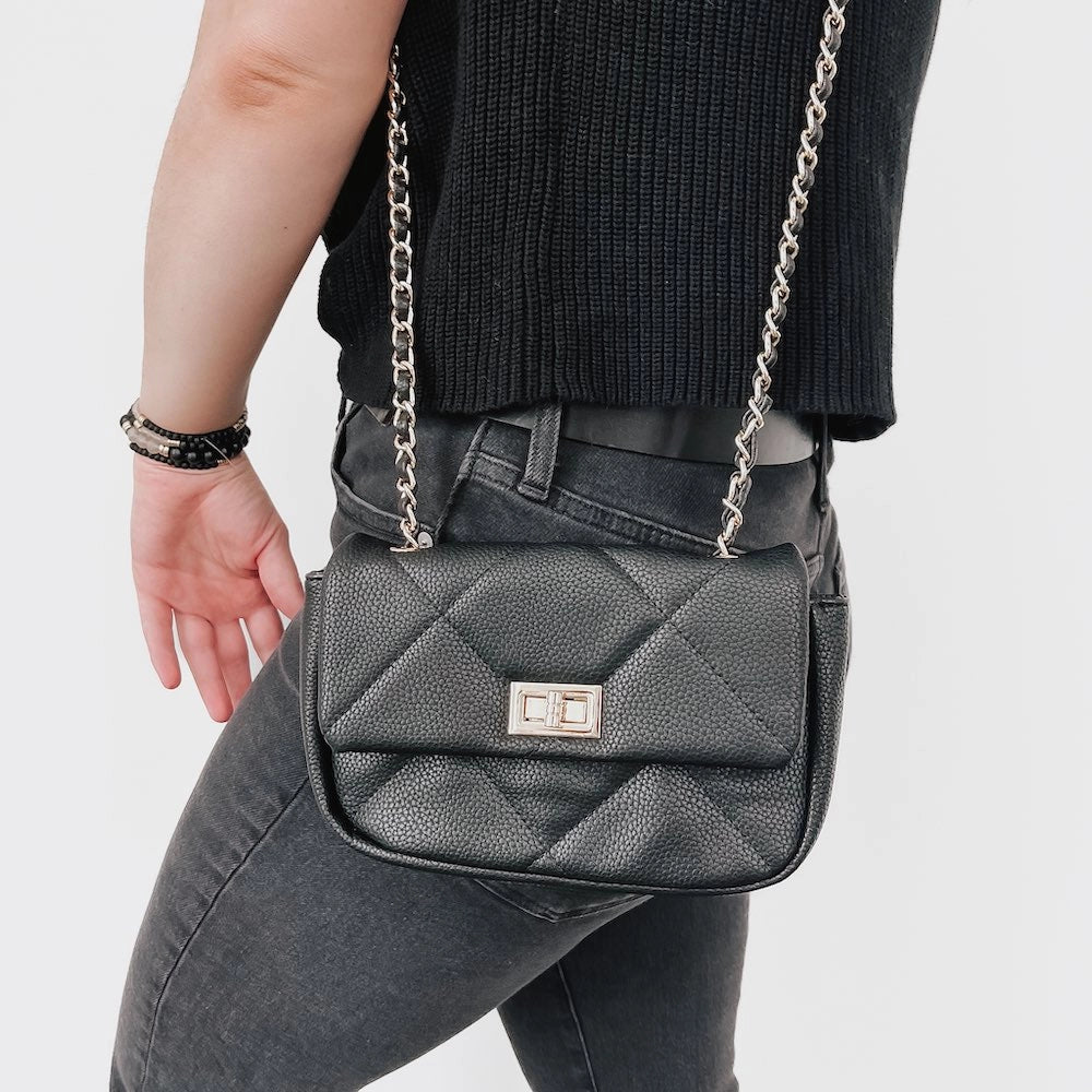 Black quilted crossbody sales bag with chain