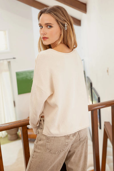 Exposed Seam Split Neck Knit Sweater - Oatmeal