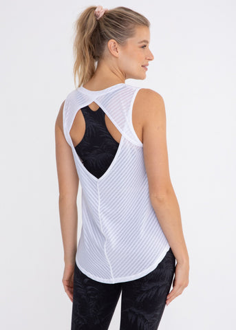 Sheer Striped Mesh Active Tank with Cut-Out Back - White