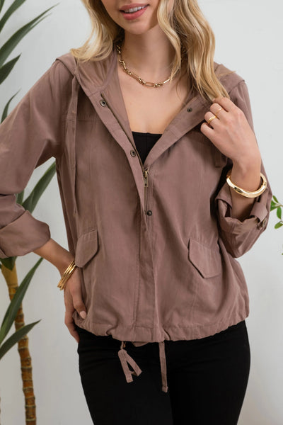 Snap Button Zip Up Hoodie - Deep Taupe