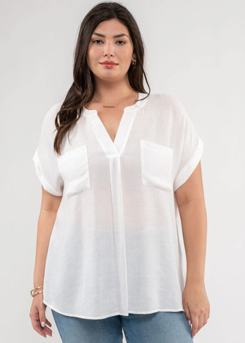 Monroe Curvy Double Chest Pocket Woven Top - White