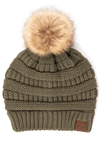 Solid Ribbed Knit Beanie with Pom - Earth Grey