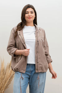 Curvy Snap Button Zip Up Hoodie - Mocha