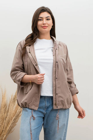 Curvy Snap Button Zip Up Hoodie - Mocha