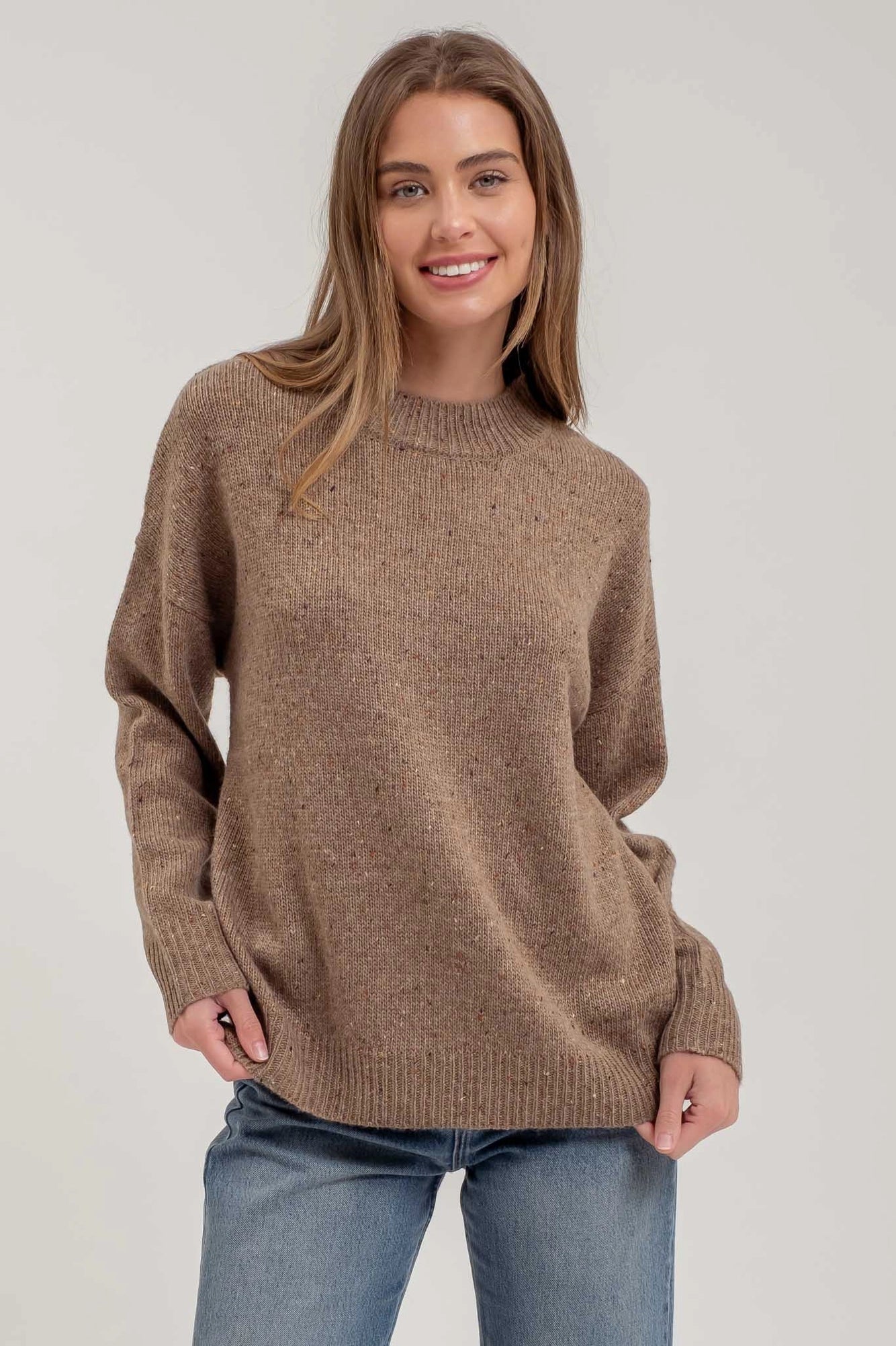 Speckle Knit Mock Neck Long Sleeve Sweater - Brown