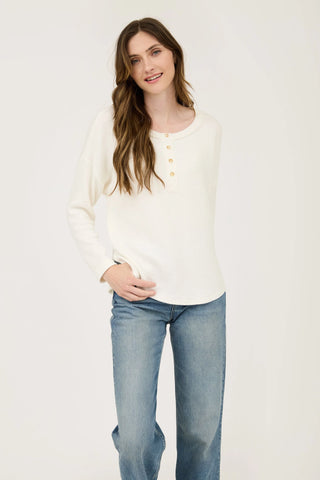 Waffle Knit Henley Long Sleeve Knit Top - Cream