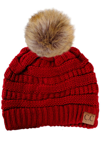 Solid Ribbed Knit Beanie with Pom - Burgundy
