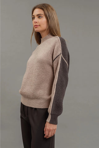 Colorblock Mock Neck Exposed Seam Knit Sweater - Mocha