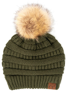 Solid Ribbed Knit Beanie with Pom - Moss