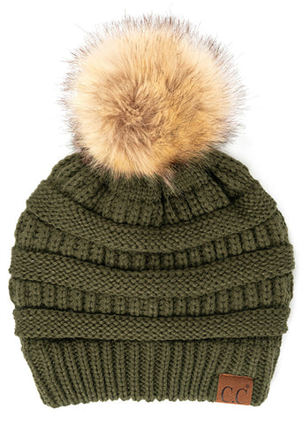 Solid Ribbed Knit Beanie with Pom - Moss