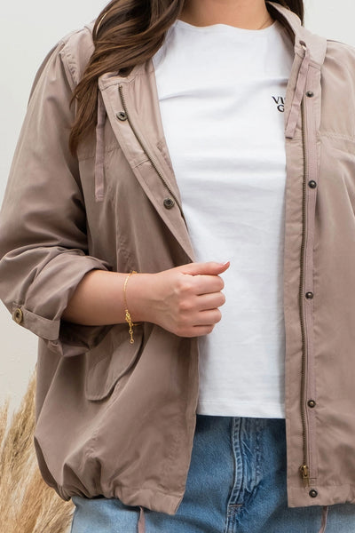 Curvy Snap Button Zip Up Hoodie - Mocha