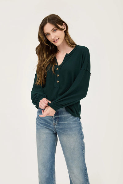 V Neck Half Button Long Sleeve Knit Top - Hunter Green