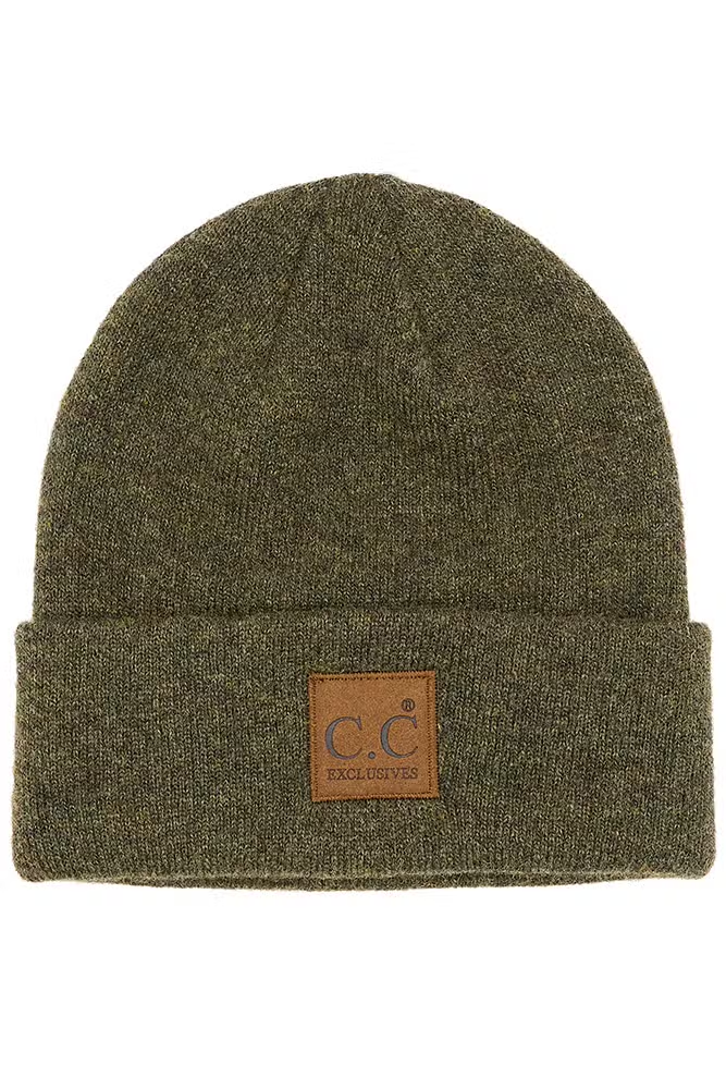 Heather Knit Suede Patch Beanie - Moss
