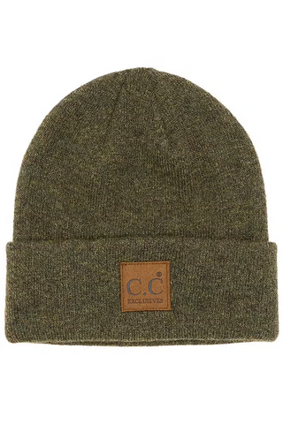 Heather Knit Suede Patch Beanie - Moss