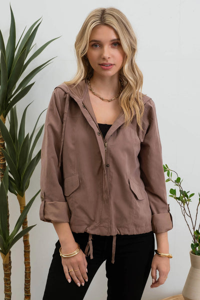 Snap Button Zip Up Hoodie - Deep Taupe