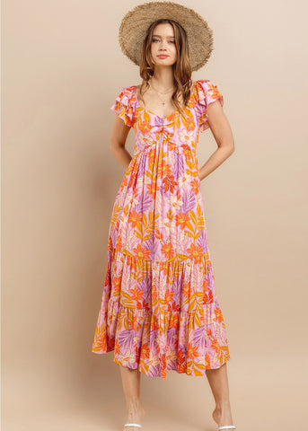 Tiered Floral Print Midi Dress