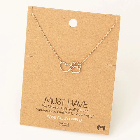 Dog Paw Heart Cutout Pendant Necklace - Rose Gold