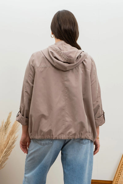 Curvy Snap Button Zip Up Hoodie - Mocha