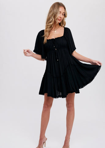Sylvia Ruffle Hem Ruched Mini Dress - Black
