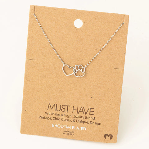 Dog Paw Heart Cutout Pendant Necklace - Silver