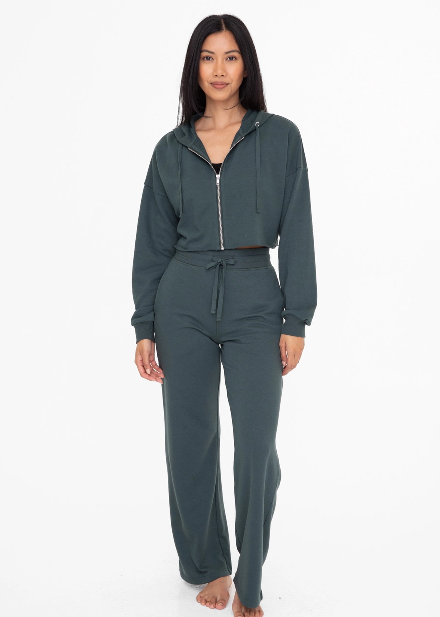 Cozy Crop Hoodie Zip-Up French Terry Jacket - Jungle Green