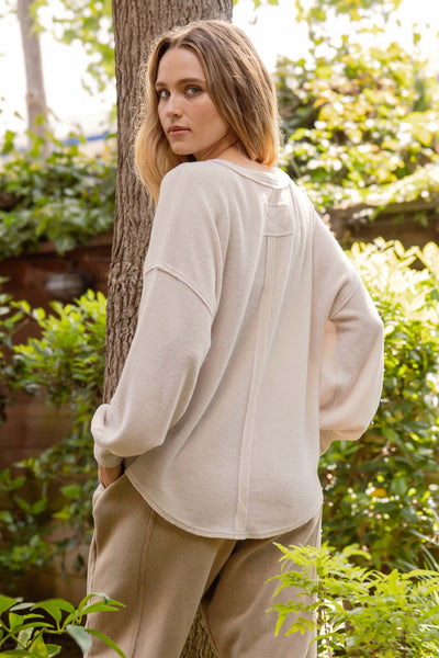 V Neck Half Button Long Sleeve Knit Top - Oatmeal