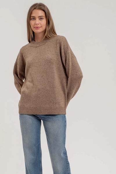 Speckle Knit Mock Neck Long Sleeve Sweater - Brown