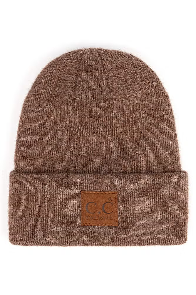 Heather Knit Suede Patch Beanie - Cacao