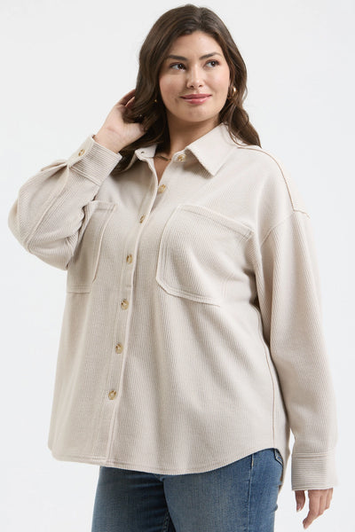 Plus Rib Knit Exposed Seam Button Up Top - Oatmeal