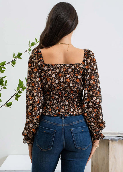 Chelsi Floral Long Sleeve Top - Black