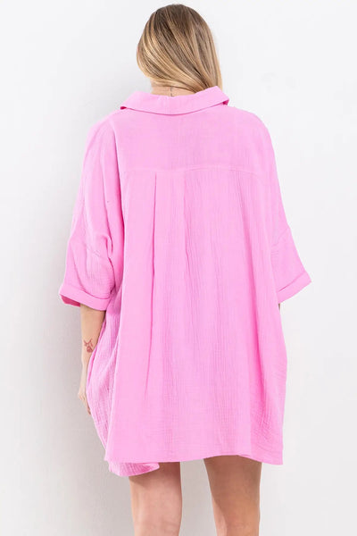 Lainey Cotton Gauze Boyfriend Shirt - Hot Pink