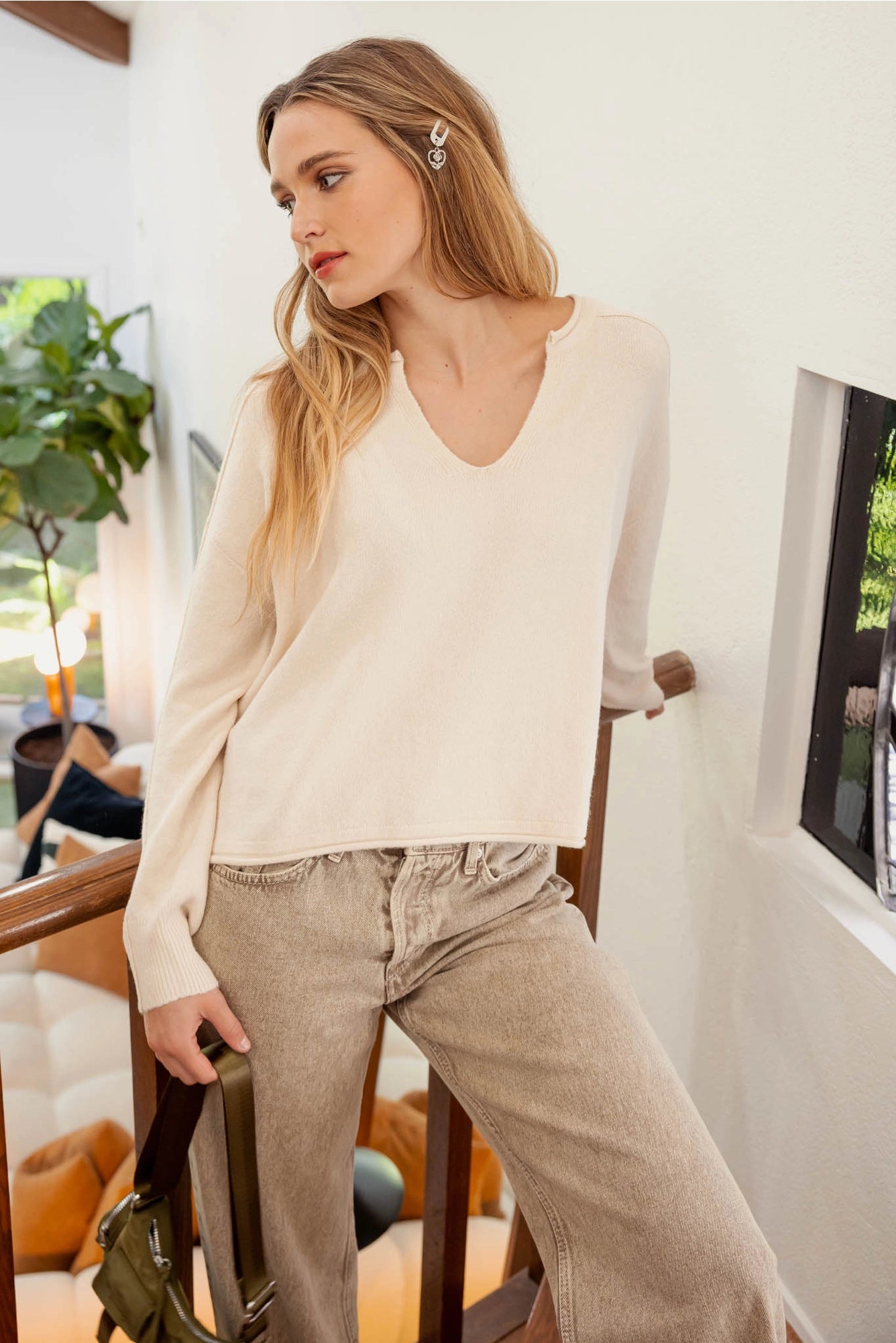 Exposed Seam Split Neck Knit Sweater - Oatmeal