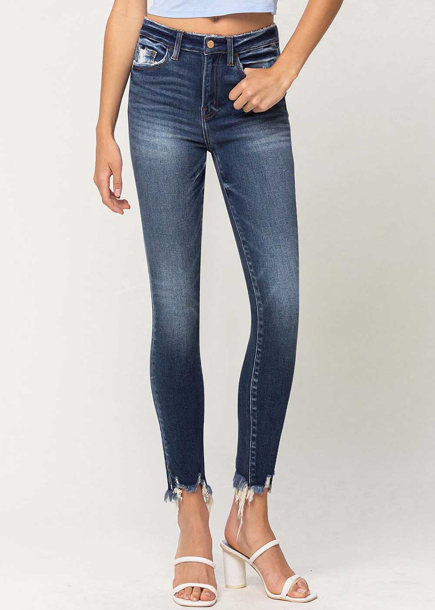 Flying Monkey Low Rise Distressed Straight Jeans - Paint Speckle Detail & Split Hem, Comfort Stretch Denim