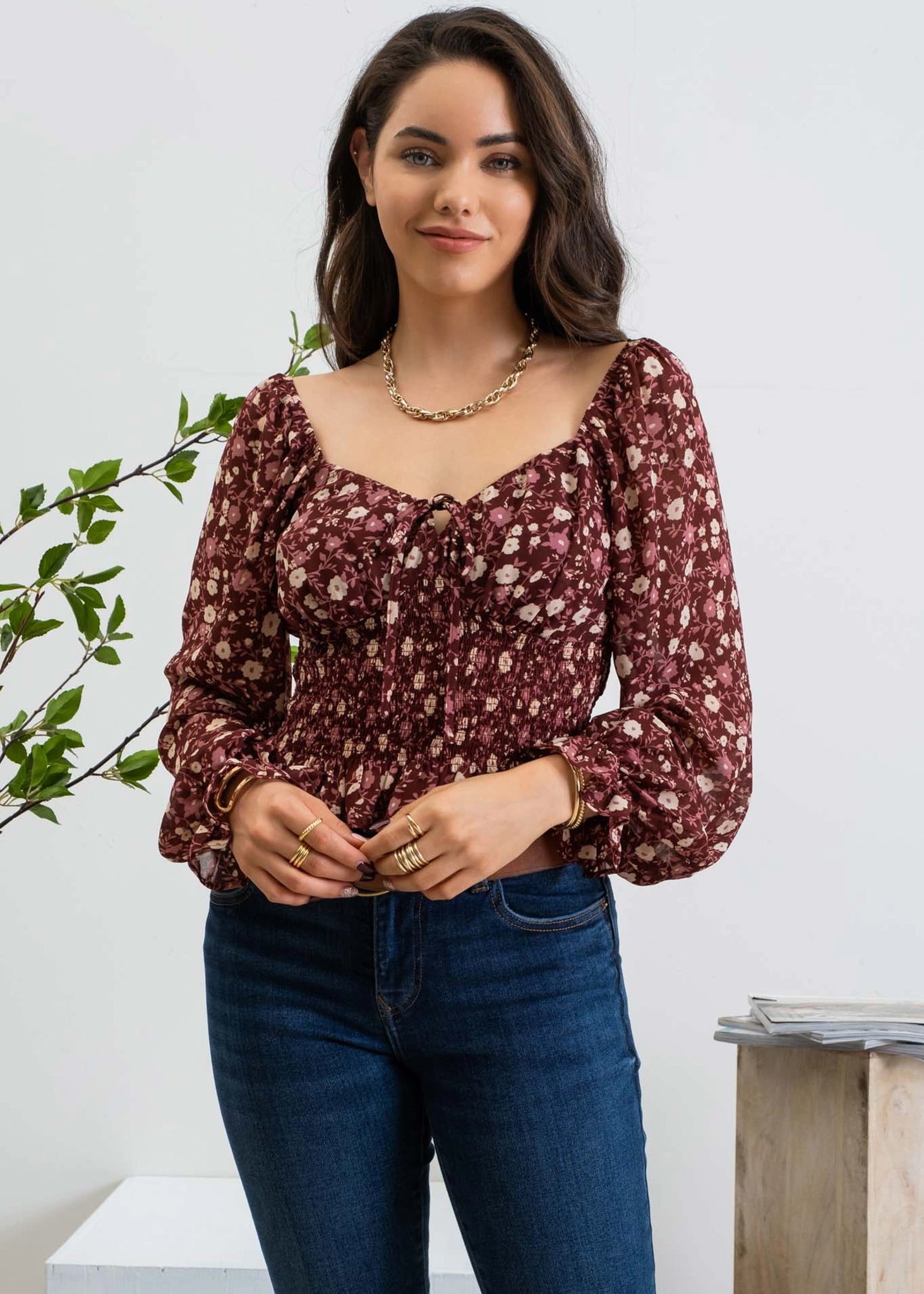 Chelsi Floral Long Sleeve Top - Burgundy