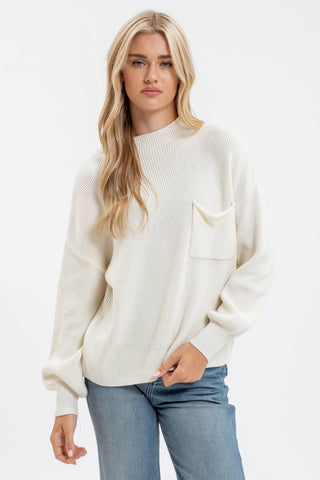 Funnel Neck Long Sleeve Ribbed Pullover Sweater - Ivory