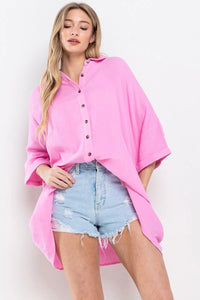 Lainey Cotton Gauze Boyfriend Shirt - Hot Pink