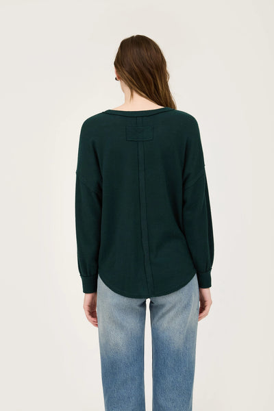 V Neck Half Button Long Sleeve Knit Top - Hunter Green