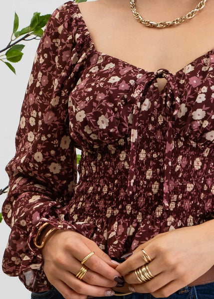 Chelsi Floral Long Sleeve Top - Burgundy