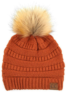 Solid Ribbed Knit Beanie with Pom - Rust
