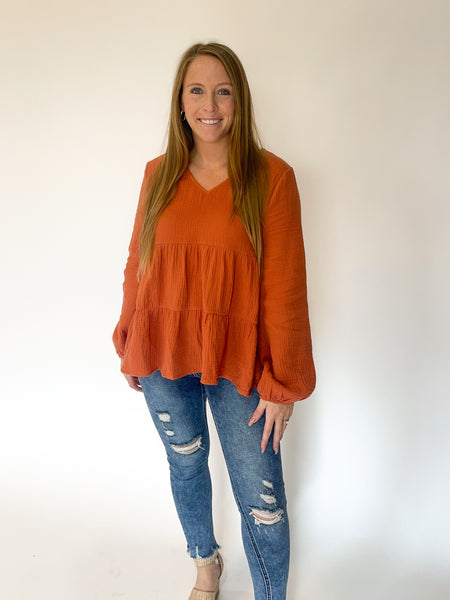 Upstate Gauze Tiered Puff Sleeve Top - Rust