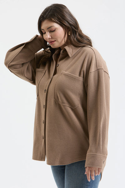 Plus Rib Knit Exposed Seam Button Up Top - Mocha