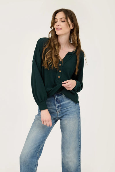 V Neck Half Button Long Sleeve Knit Top - Hunter Green