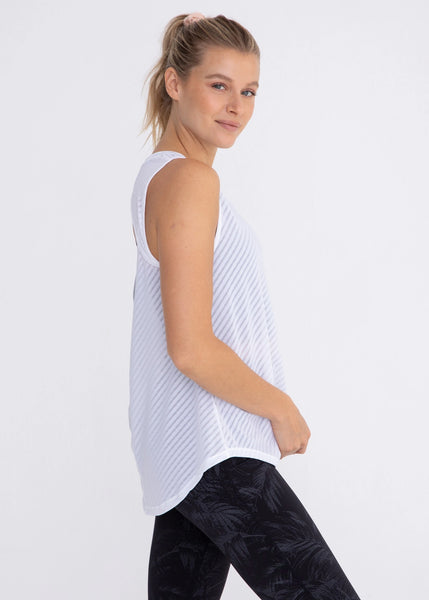 Sheer Striped Mesh Active Tank with Cut-Out Back - White