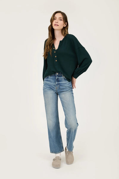 V Neck Half Button Long Sleeve Knit Top - Hunter Green