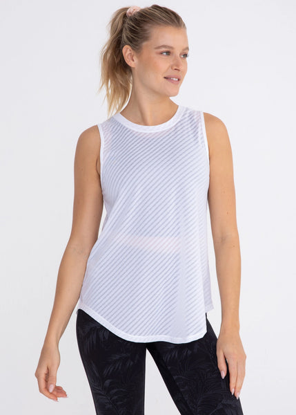 Sheer Striped Mesh Active Tank with Cut-Out Back - White