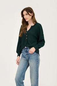 V Neck Half Button Long Sleeve Knit Top - Hunter Green