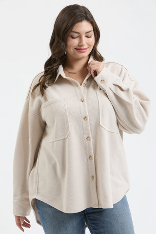 Plus Rib Knit Exposed Seam Button Up Top - Oatmeal