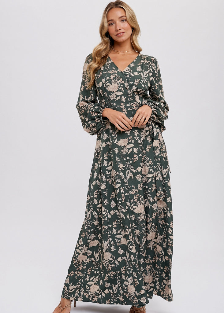 Adri Floral Print Wrap Dress - Hunter Green HUDSON HOUSE BOUTIQUE Adri Floral Print Wrap Dress - Hunter Green HUDSON HOUSE BOUTIQUE