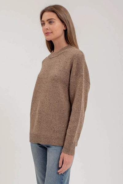 Speckle Knit Mock Neck Long Sleeve Sweater - Brown