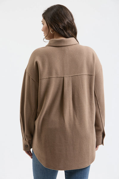 Plus Rib Knit Exposed Seam Button Up Top - Mocha